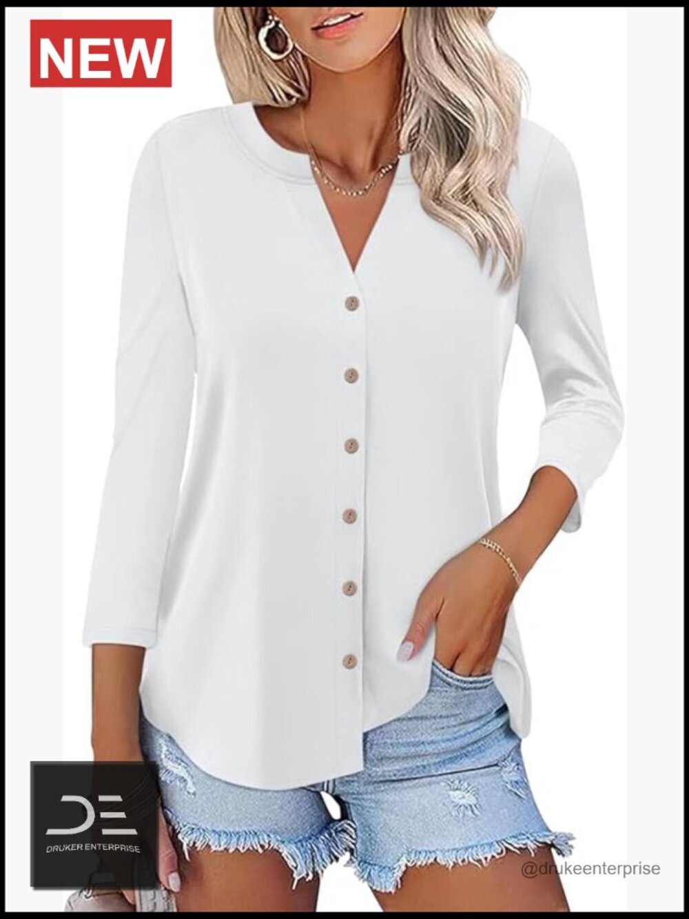 Women's Button Down 3/4 Sleeve V-Neck T-Shirt Top Summer Blouse